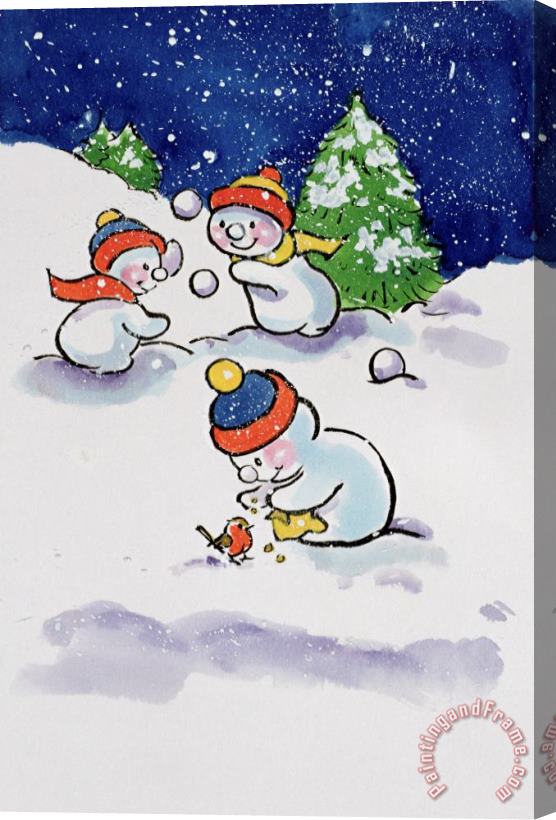 Diane Matthes Little Snowmen Snowballing Stretched Canvas Print / Canvas Art