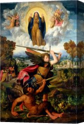 Dosso Dossi Canvas Paintings - Saint Michael with The Devil And Our Lady of The Assumption Between Angels by Dosso Dossi
