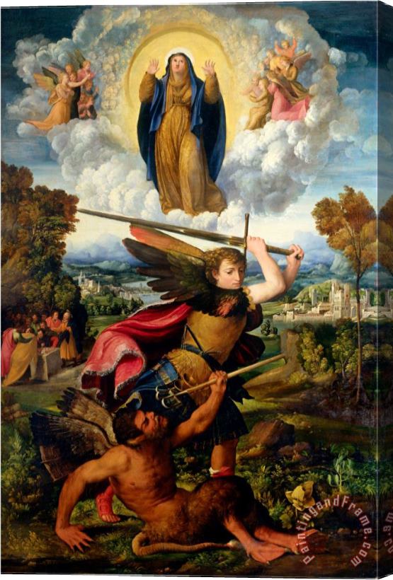 Dosso Dossi Saint Michael with The Devil And Our Lady of The Assumption Between Angels Stretched Canvas Print / Canvas Art