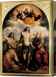 Dosso Dossi Canvas Paintings - St Sebastian Between Saints Jerom And John The Baptist 1522 by Dosso Dossi