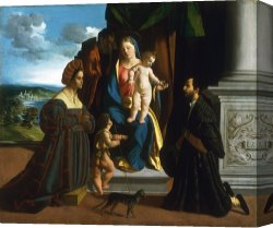Dosso Dossi Canvas Paintings - The Holy Family, with The Young Saint John The Baptist, a Cat, And Two Donors by Dosso Dossi