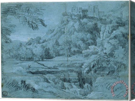 Dughet, Gaspard Landscape with Mountain Town And Waterfall Stretched Canvas Painting / Canvas Art