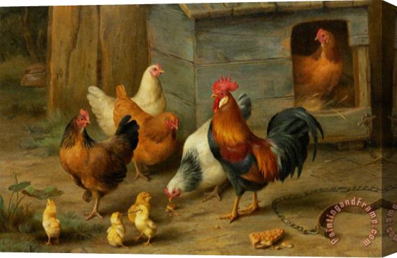Edgar Hunt A Cockerel with Chickens Stretched Canvas Print / Canvas Art