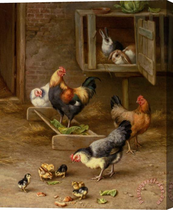 Edgar Hunt Chickens Chicks And Rabbits in a Hutch Stretched Canvas Print / Canvas Art