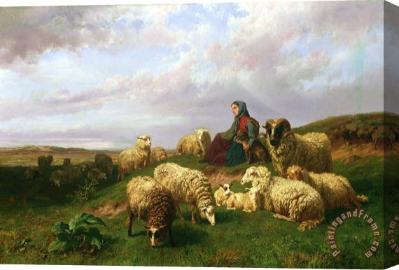 Edmond Jean-Baptiste Tschaggeny Shepherdess resting with her flock Stretched Canvas Print / Canvas Art