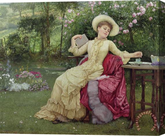 Edward Killingworth Johnson Drinking Coffee And Reading In The Garden Stretched Canvas Painting / Canvas Art