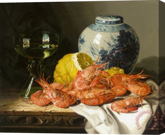 Edward Ladell Still Life with Prawns And a Delft Pot Stretched Canvas Print / Canvas Art