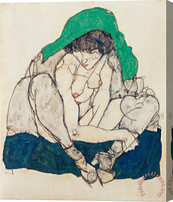 Egon Schiele Crouching Woman with Green Headscarf Stretched Canvas Painting / Canvas Art
