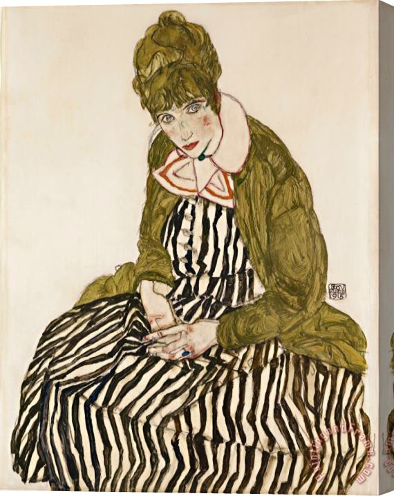 Egon Schiele Edith with Striped Dress, Sitting Stretched Canvas Print / Canvas Art