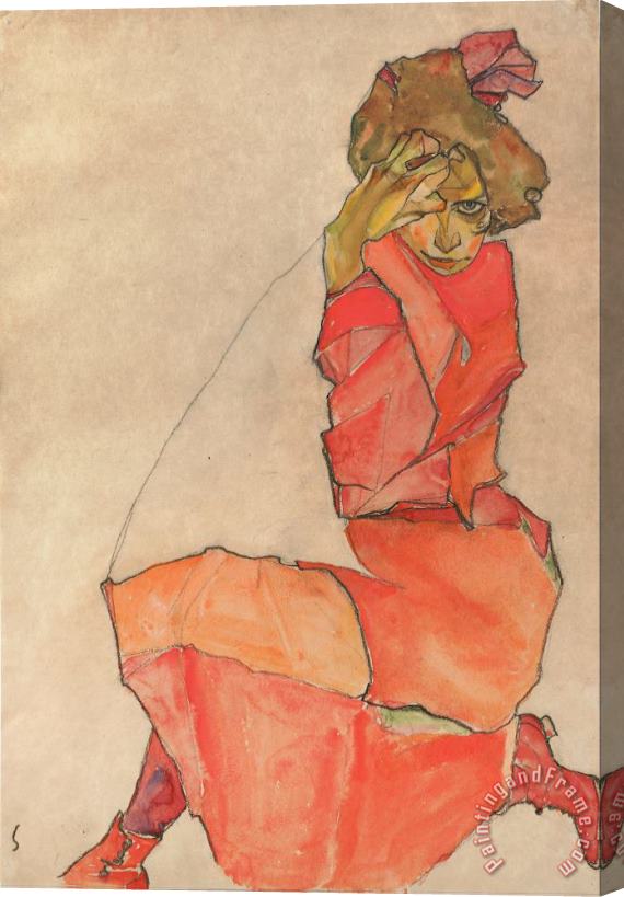 Egon Schiele Kneeling Female in Orange Red Dress Stretched Canvas Print / Canvas Art