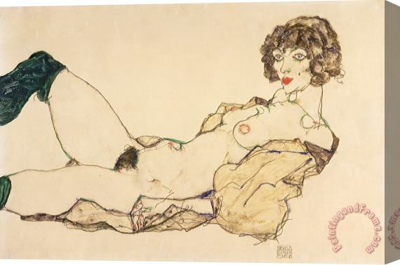 Egon Schiele Reclining Nude in Green Stockings Stretched Canvas Painting / Canvas Art