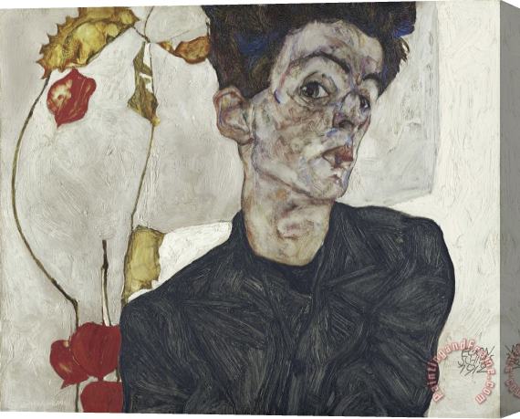 Egon Schiele Self Portrait with Chinese Lantern Plant Stretched Canvas Painting / Canvas Art