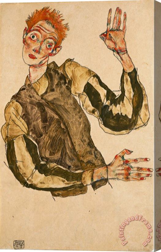 Egon Schiele Self Portrait with Striped Armlets Stretched Canvas Print / Canvas Art