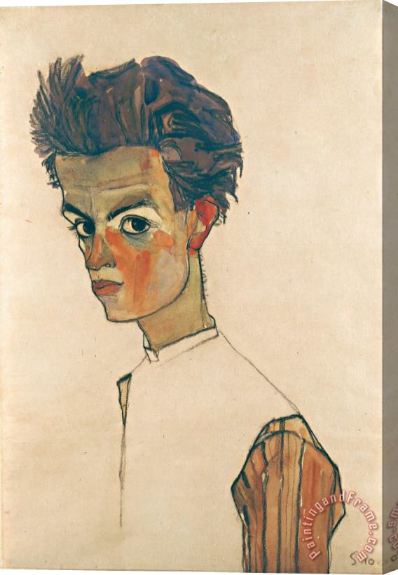 Egon Schiele Self Portrait with Striped Shirt Stretched Canvas Painting / Canvas Art