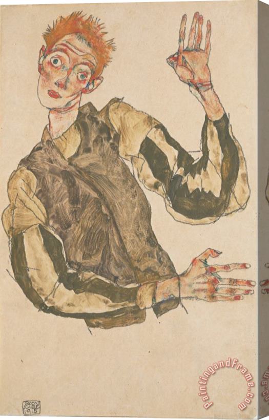 Egon Schiele Self Portrait with Striped Sleeves Stretched Canvas Print / Canvas Art