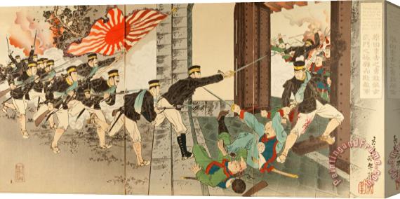 Einen Harada Jyukichi, a Brave Soldier Defeated Immense Enemies by Climbing Over The Wall of The Northern ... Stretched Canvas Painting / Canvas Art