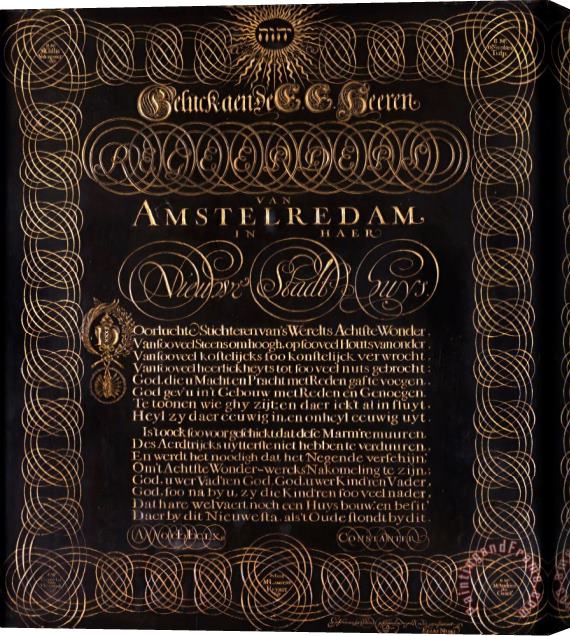 Elias Noski Engraved Poem by C. Huygens 'geluck Aen De E.e. Heeren Regeerders Van Amstelredam...' Stretched Canvas Print / Canvas Art