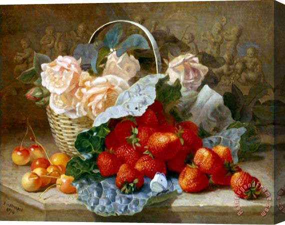 Eloise Harriet Stannard Still Life of Summer Fruit And Peach Roses Stretched Canvas Print / Canvas Art