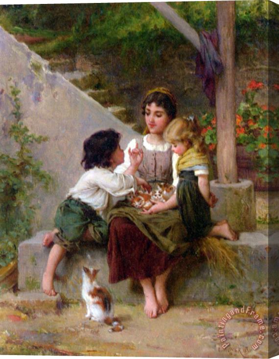 Emile Munier Playing with The Kittens Stretched Canvas Painting / Canvas Art