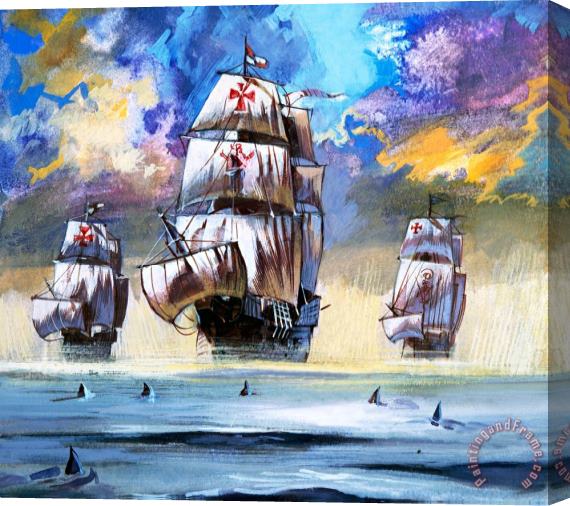 English School Christopher Columbus's Fleet Stretched Canvas Print / Canvas Art