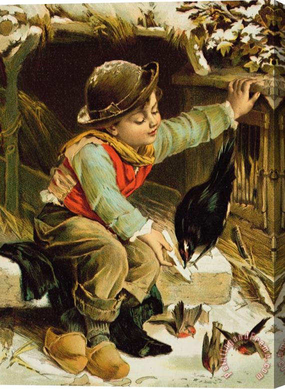 English School Young Boy With Birds In The Snow Stretched Canvas Painting / Canvas Art