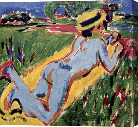 Ernst Ludwig Kirchner Reclining Nude in Blue with Straw Hat Stretched Canvas Print / Canvas Art