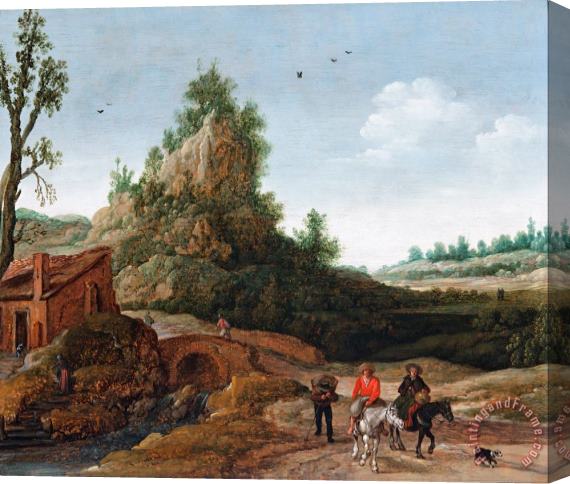 Esaias Van De Velde A Landscape with Travellers Crossing a Bridge Before a Small Dwelling, Horsemen in The Foreground Stretched Canvas Painting / Canvas Art