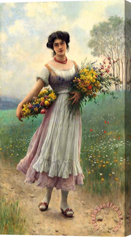 Eugen von Blaas A Maiden Gathering Flowers, 1912 Stretched Canvas Painting / Canvas Art