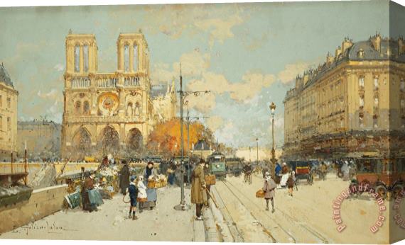 Eugene Galien-Laloue Figures On A Sunny Parisian Street Notre Dame At Left Stretched Canvas Painting / Canvas Art