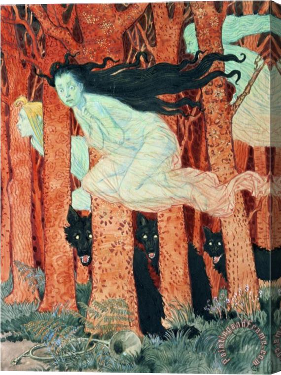 Eugene Grasset Three Women And Three Wolves W C Stretched Canvas Print / Canvas Art