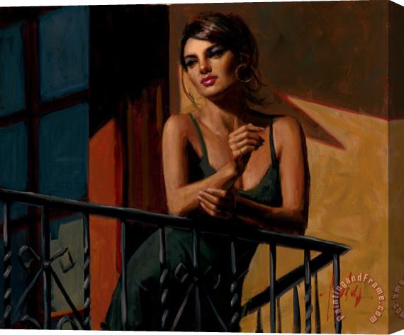 Fabian Perez Saba at The Balcony VII Black Dress Stretched Canvas Painting / Canvas Art