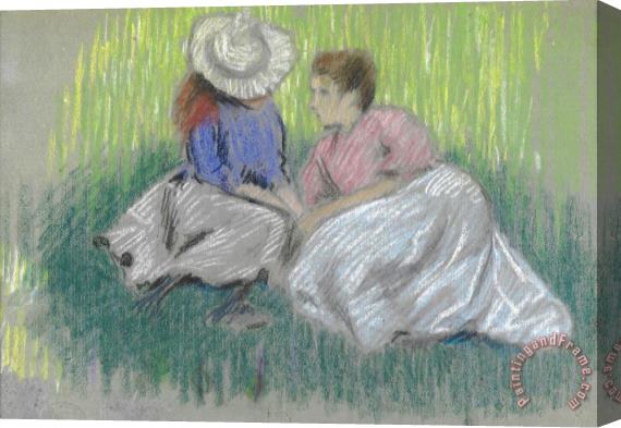 Federico Zandomeneghi Sull'erba (femme Et Fillette Assieses Sur L'herbe) Stretched Canvas Painting / Canvas Art