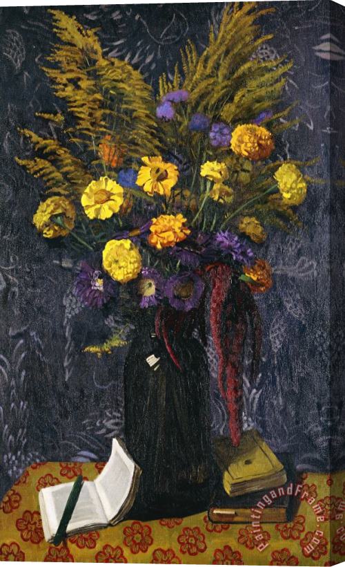 Felix Edouard Vallotton French Marigold Purple Daisies And Golden Sheaves Stretched Canvas Painting / Canvas Art