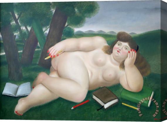 Fernando Botero Reclining Nude with Books And Pencils on Lawn, 1982 Stretched Canvas Painting / Canvas Art