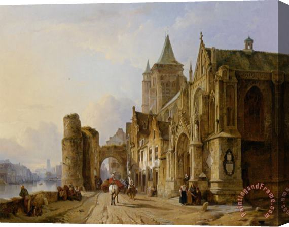 Francois Antoine Bossuet Figures in The Streets of a Riverside Town Stretched Canvas Painting / Canvas Art