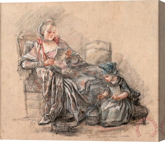 Francois Guerin Woman Reading And a Girl Playing (presumably The Marquise De Pompadour with Her Daughter Alexandrine), 1748 Stretched Canvas Print / Canvas Art
