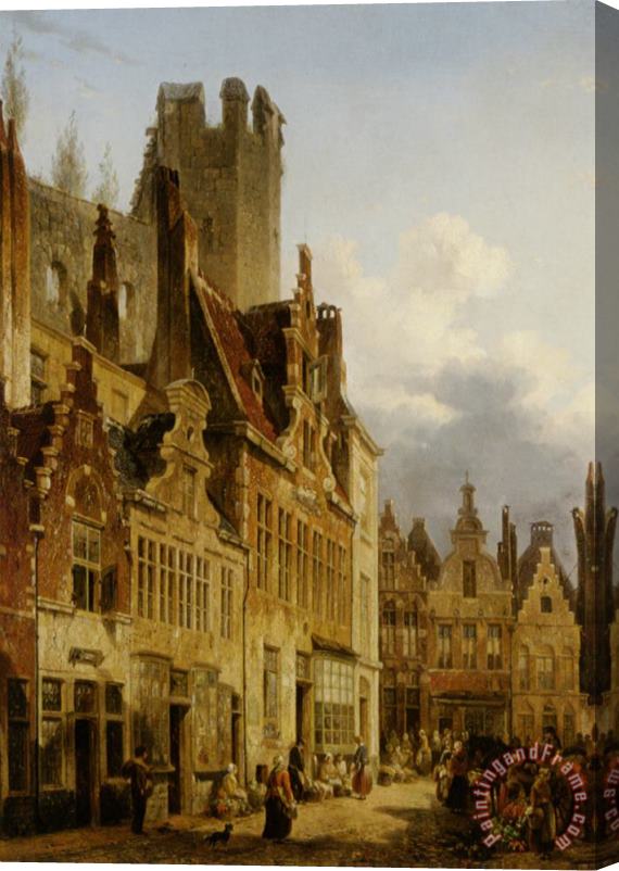 Francois-jean-louis Boulanger A Busy Market Scene in The Streets of Ghent Stretched Canvas Painting / Canvas Art