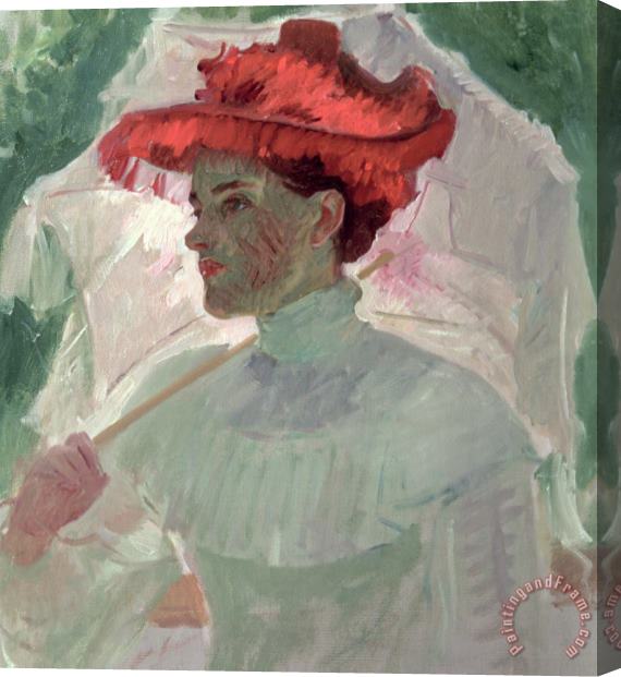Frank Duveneck Woman with Red Hat and Parasol Stretched Canvas Print / Canvas Art