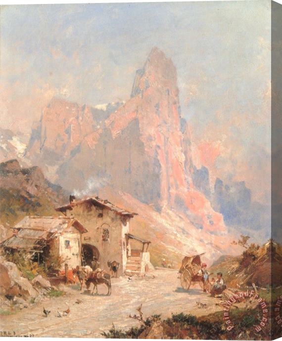 Franz Richard Unterberger Figures in a Village in The Dolomites Stretched Canvas Painting / Canvas Art