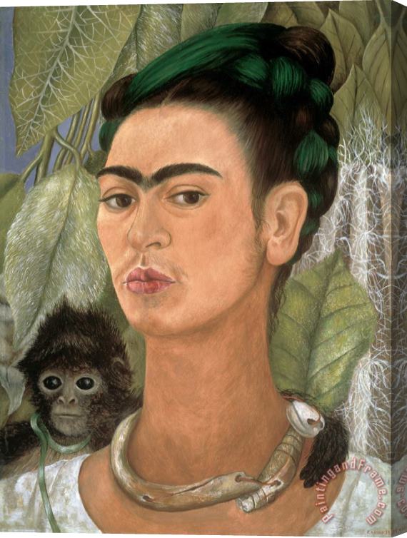 Frida Kahlo Self Portrait with Monkey Stretched Canvas Painting / Canvas Art