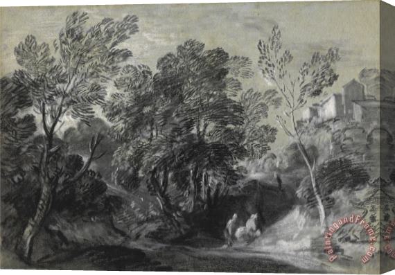 Gainsborough, Thomas Wooded Landscape with Figures And Houses on The Hill Stretched Canvas Painting / Canvas Art