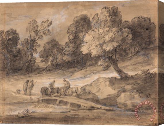Gainsborough, Thomas Wooded Landscape with Figures on Horseback Crossing a Bridge Stretched Canvas Painting / Canvas Art