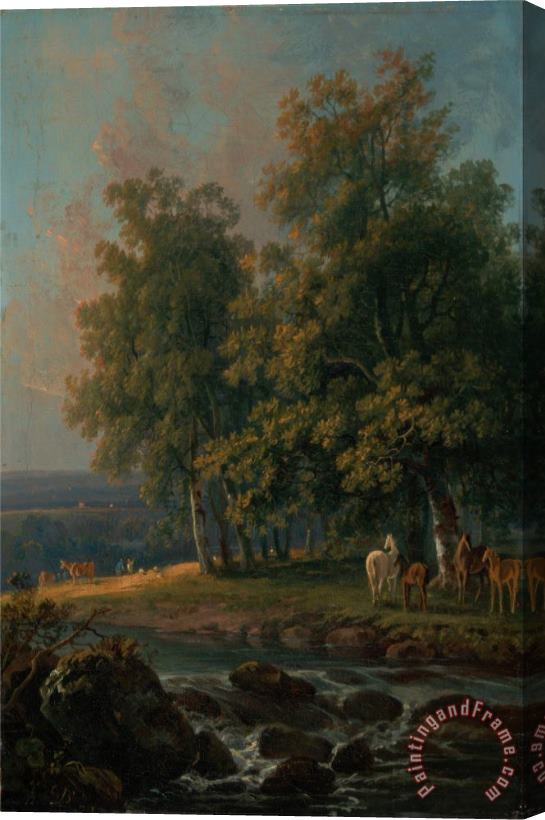 George Barret Horses And Cattle by a River Stretched Canvas Painting / Canvas Art