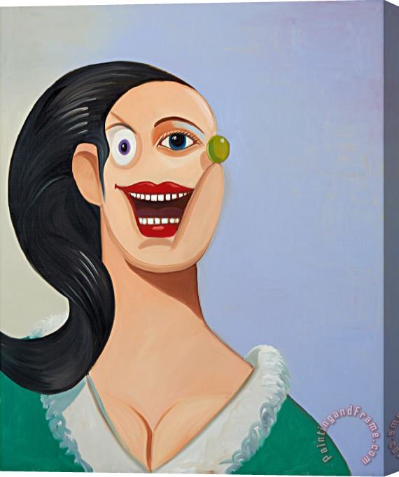 George Condo Smiling Girl with Black Hair Stretched Canvas Painting / Canvas Art