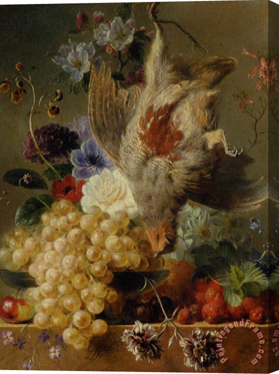George Jacobus Johannes Van Os Grapes Strawberries Chestnuts an Apple And Spring Flowers Stretched Canvas Painting / Canvas Art