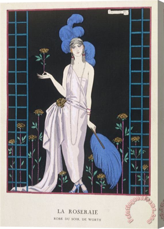 Georges Barbier Asymmetrical Evening Gown by Worth with a Low Diagonal Waistline And a Long Flowing Train Stretched Canvas Print / Canvas Art