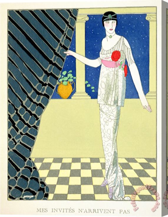 Georges Barbier My Guests Have Not Arrived Illustration of a Woman in a Dress by Redfern Stretched Canvas Painting / Canvas Art