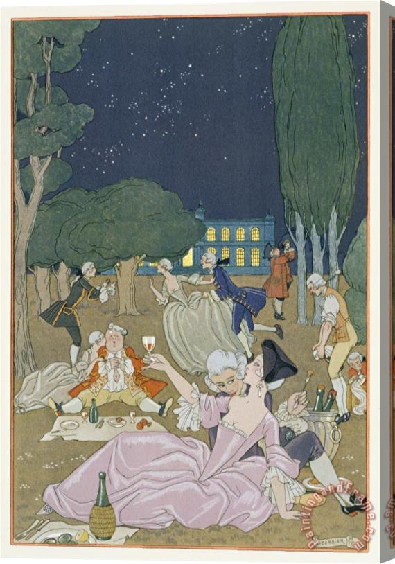 Georges Barbier On The Lawn Illustration for Fetes Galantes by Paul Verlaine 1844 96 1923 Pochoir Print Stretched Canvas Painting / Canvas Art