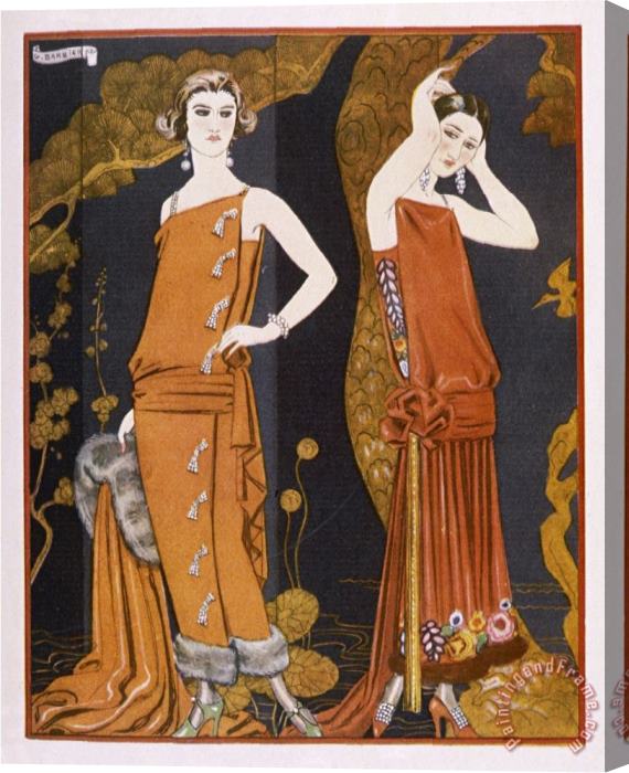 Georges Barbier Orientally Inspired Gowns by Worth in Lacquer Reds Stretched Canvas Print / Canvas Art