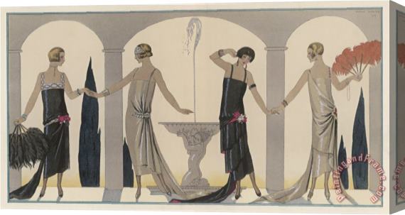 Georges Barbier Sensually Draped Dresses with Narrow Beaded Straps Square Necklines And Detailing Over One Hip Stretched Canvas Painting / Canvas Art